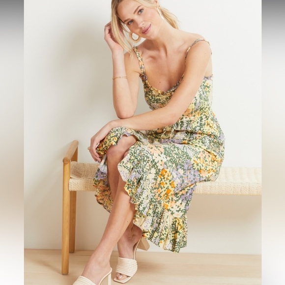 Evereve Rails Adalyn Midi Dress in Gardenia Floral Print Green Yellow Ruffle S - Picture 4 of 16
